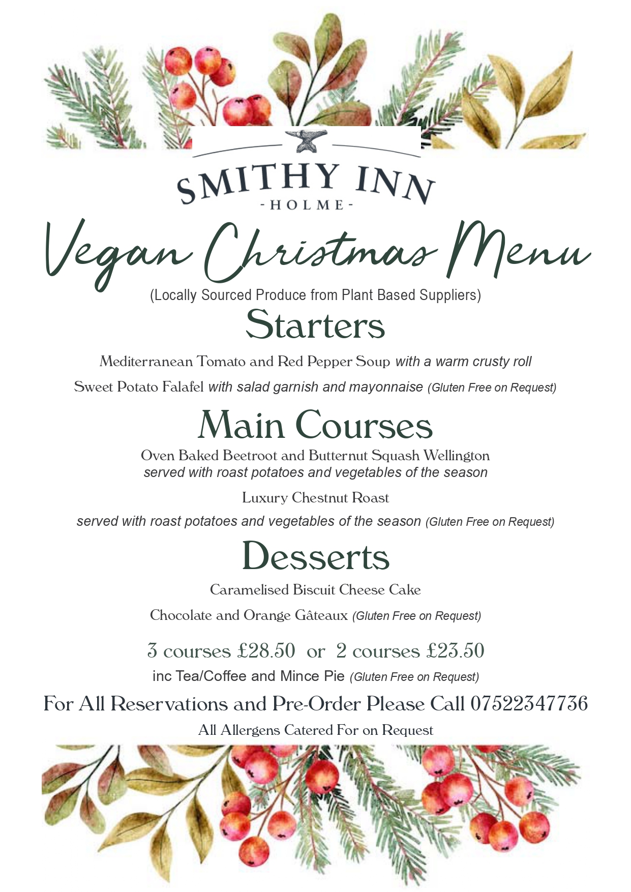 Smithy Inn Vegan Christmas Menu 2026